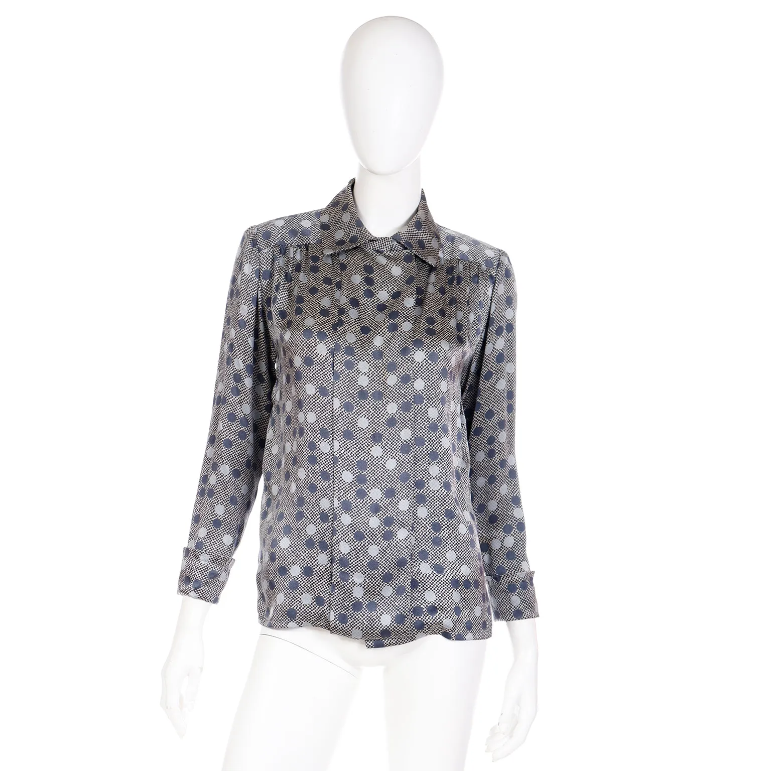 1970s Givenchy Grey Dot Silk Long Sleeve Blouse