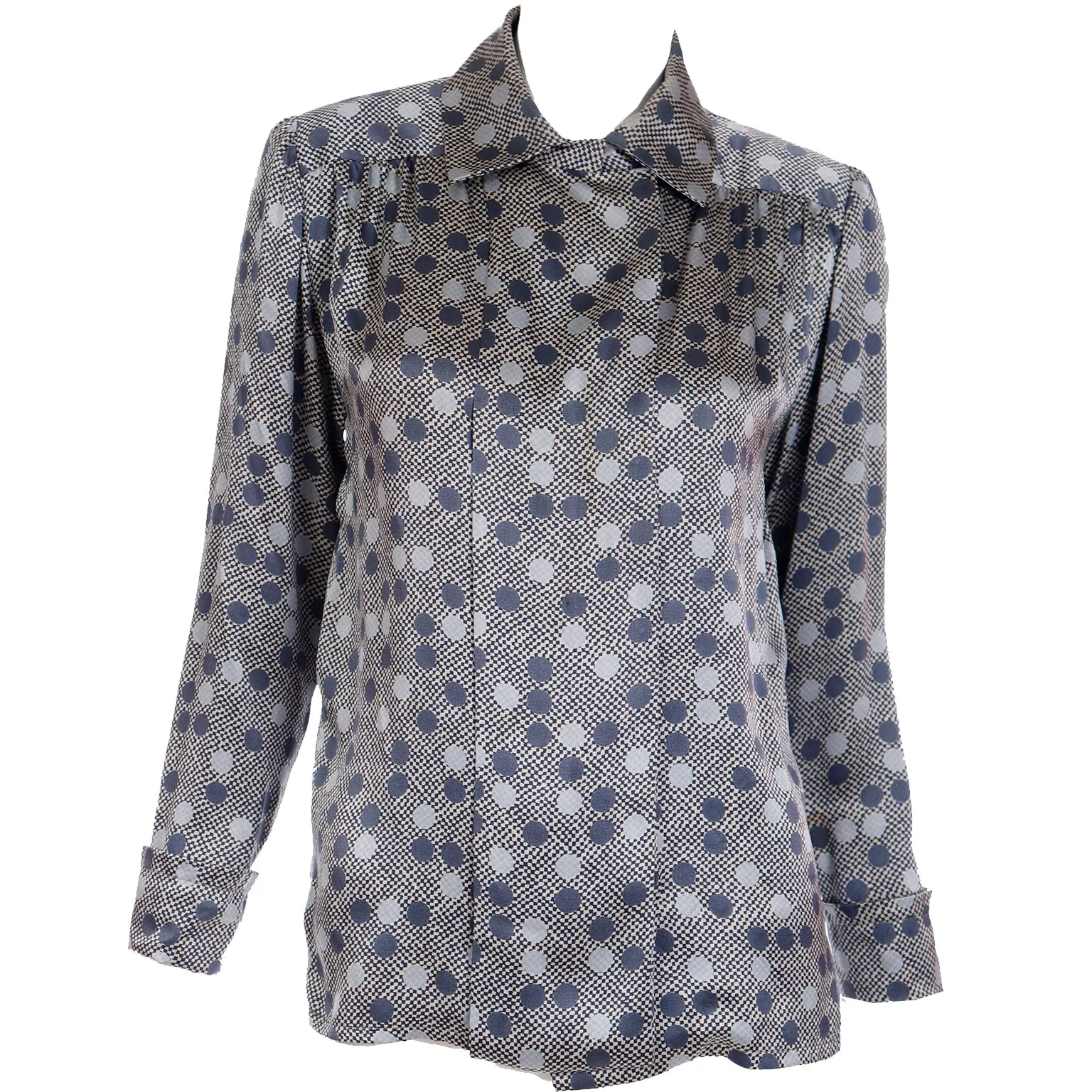1970s Givenchy Grey Dot Silk Long Sleeve Blouse