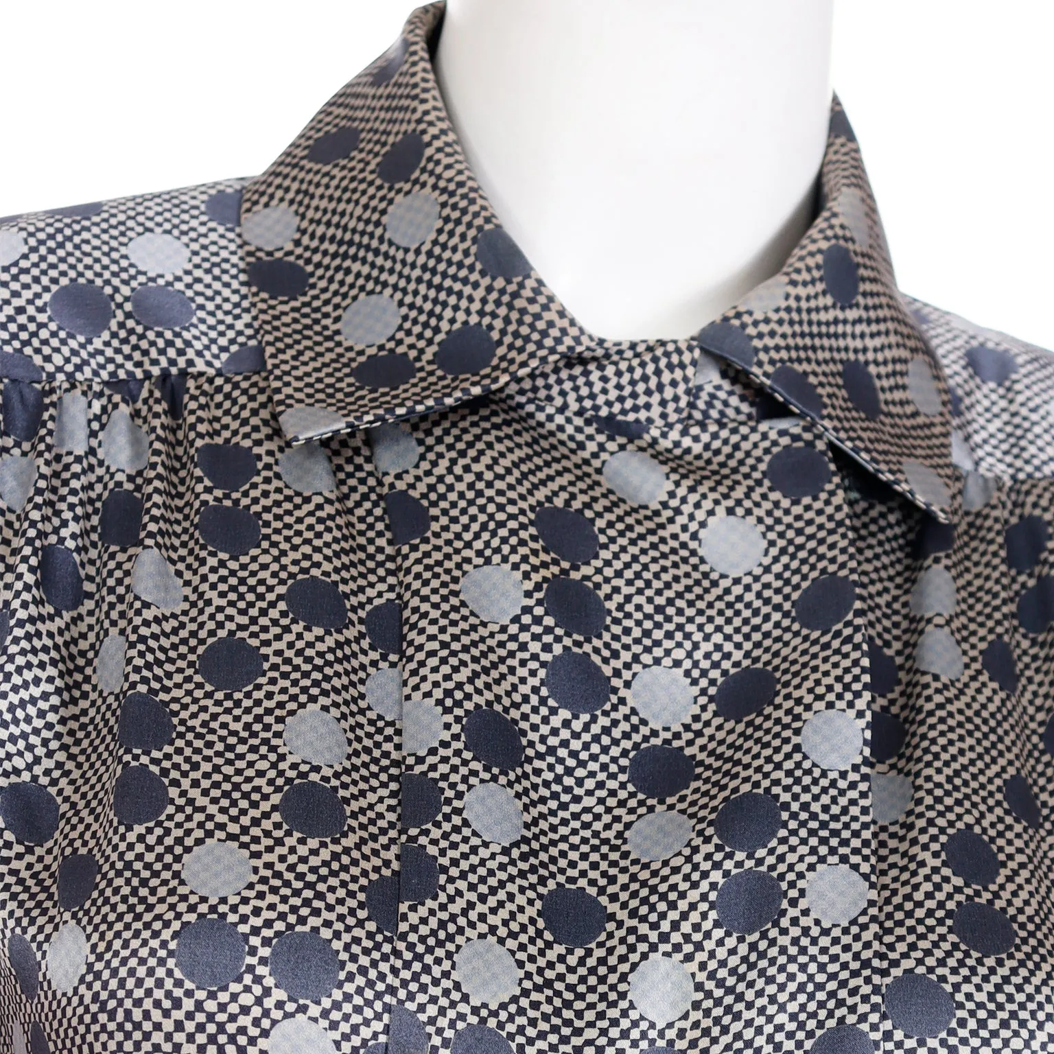 1970s Givenchy Grey Dot Silk Long Sleeve Blouse