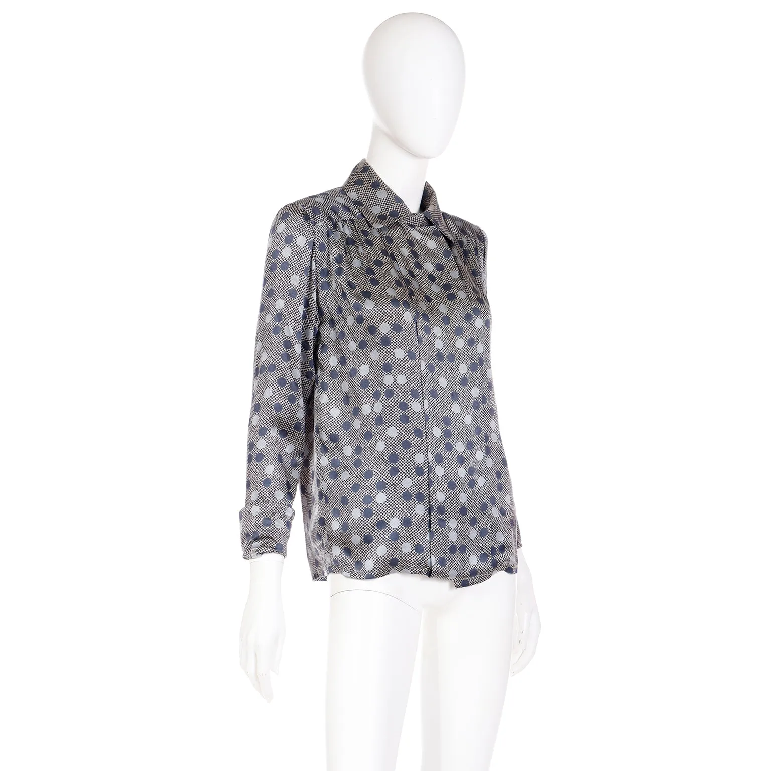 1970s Givenchy Grey Dot Silk Long Sleeve Blouse