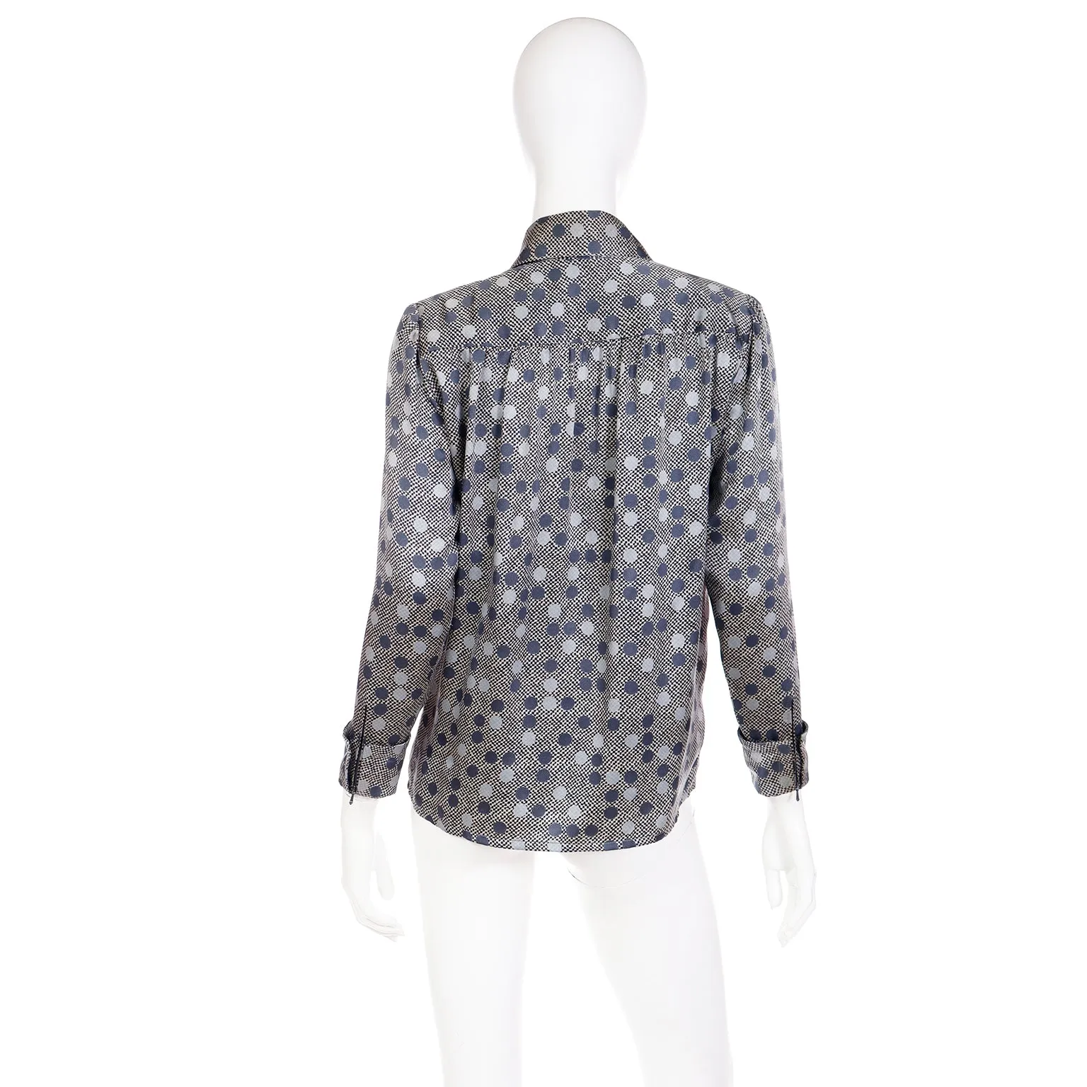 1970s Givenchy Grey Dot Silk Long Sleeve Blouse