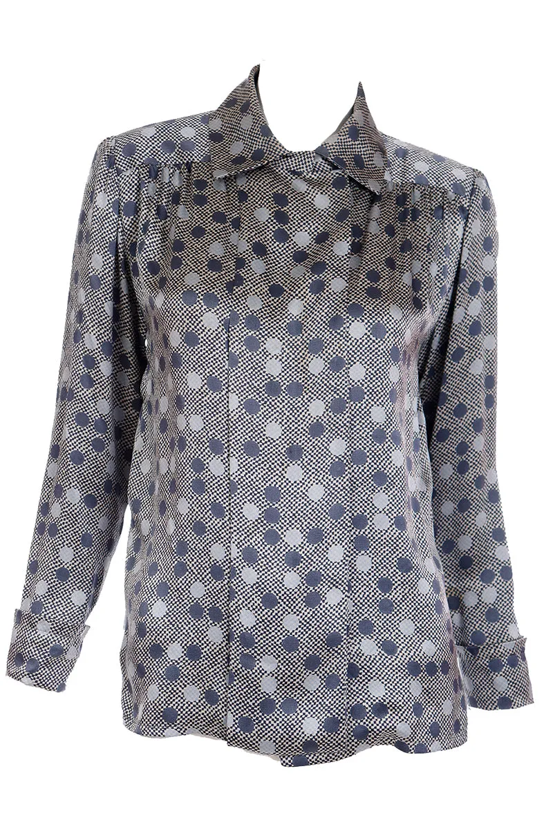 1970s Givenchy Grey Dot Silk Long Sleeve Blouse