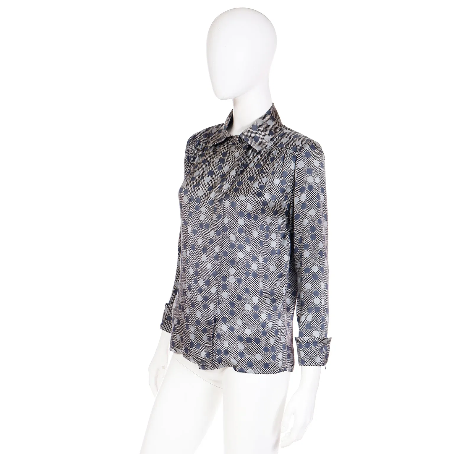 1970s Givenchy Grey Dot Silk Long Sleeve Blouse