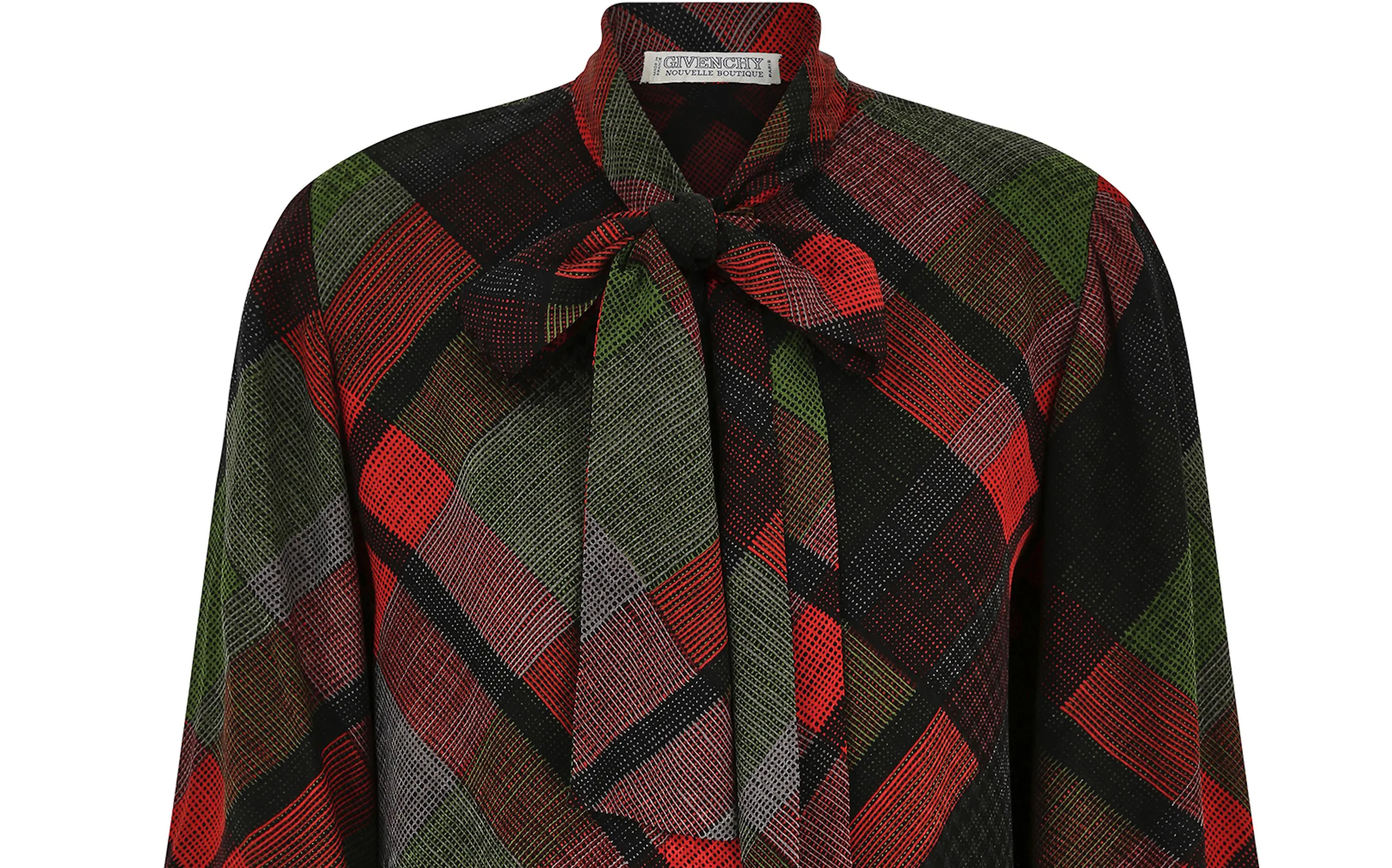 1970s Givenchy Novelle Boutique Red and Green Plaid Blouse