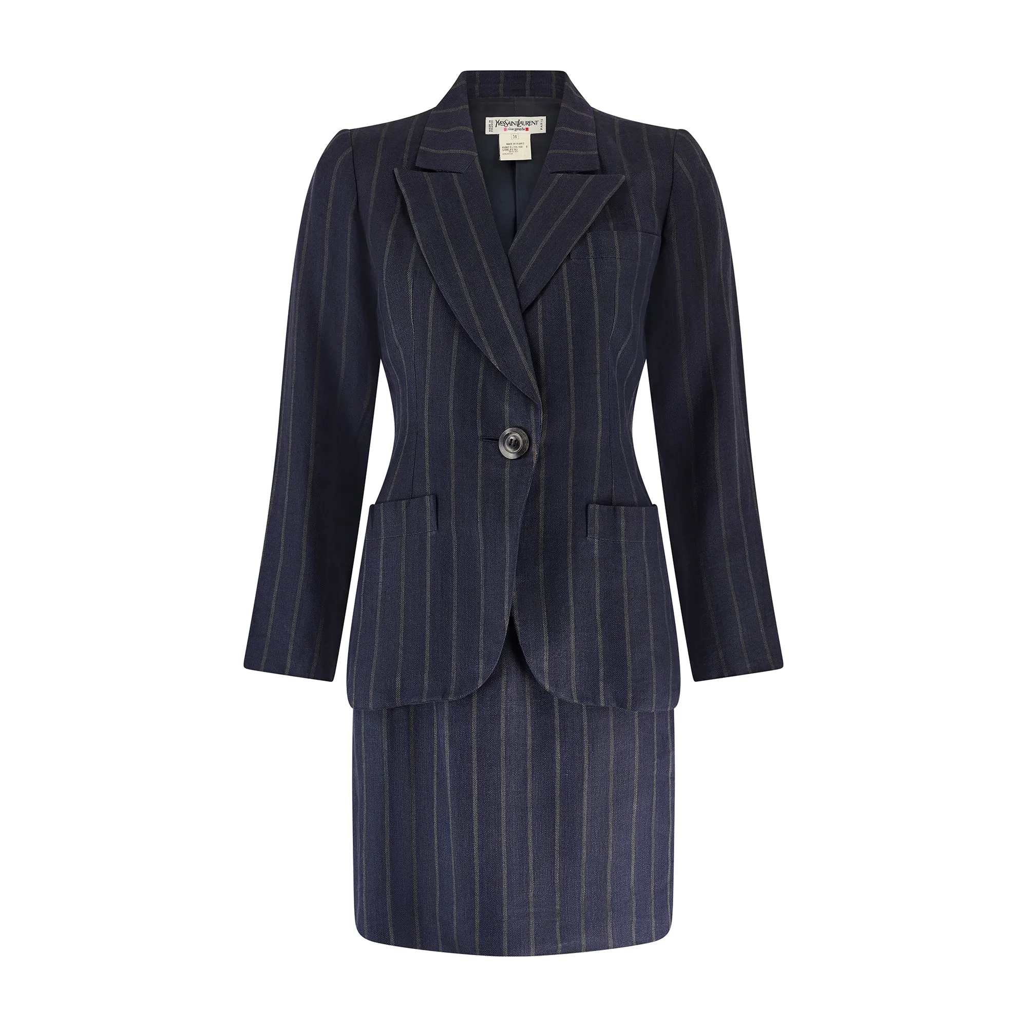 1999 Runway Alber Elbaz for Saint Laurent Navy Pinstripe Skirt Suit