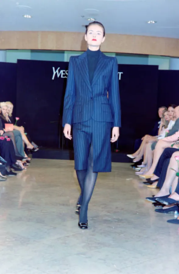 1999 Runway Alber Elbaz for Saint Laurent Navy Pinstripe Skirt Suit