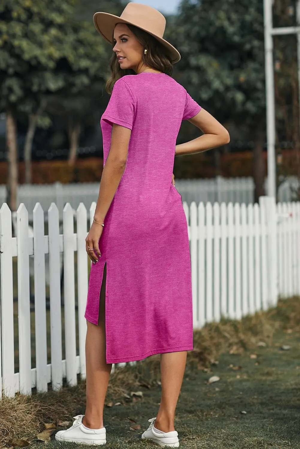 Alaster Womens Casual T-Shirt Midi Dress 2025 Short Sleeve Summer High Splits Dress with Pocket High Low Solid Midi Dress
