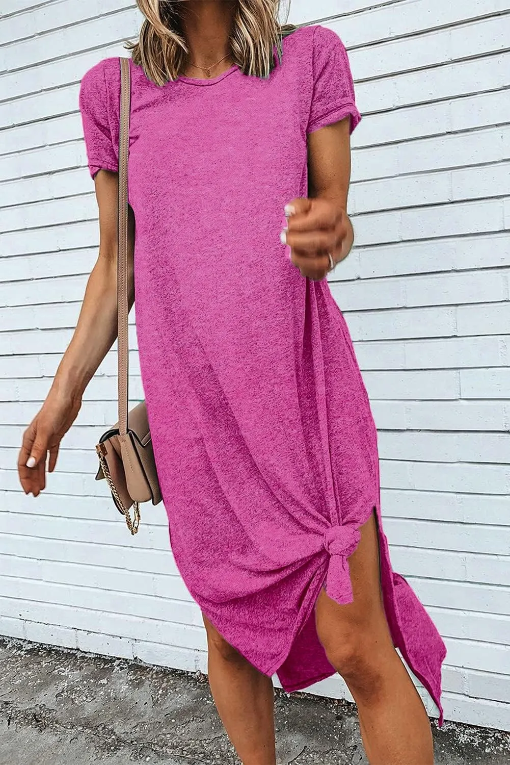 Alaster Womens Casual T-Shirt Midi Dress 2025 Short Sleeve Summer High Splits Dress with Pocket High Low Solid Midi Dress