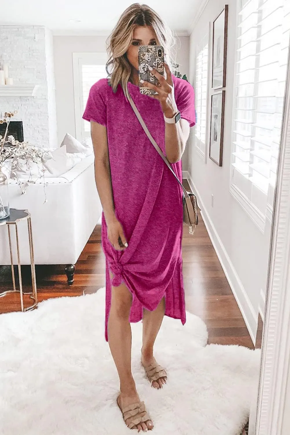 Alaster Womens Casual T-Shirt Midi Dress 2025 Short Sleeve Summer High Splits Dress with Pocket High Low Solid Midi Dress