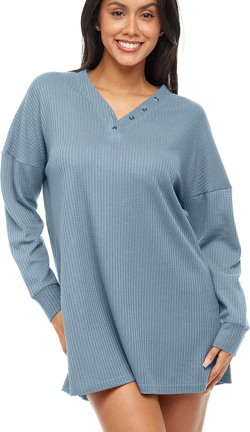 Alexander Del Rossa Women's Soft Ribbed Waffle Rib Knit Oversized Sleep Shirt, V-Neck Nightshirt Sweater Top