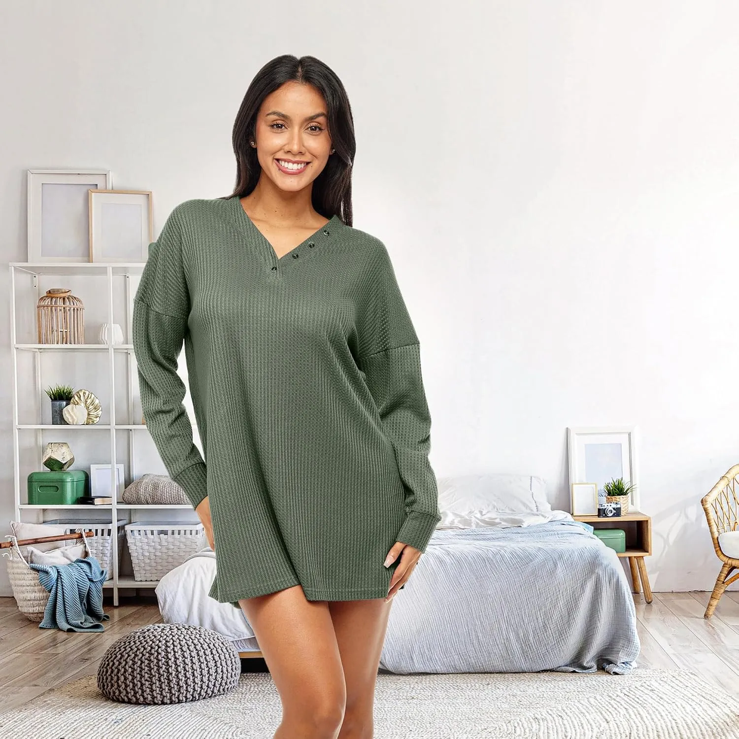Alexander Del Rossa Women's Soft Ribbed Waffle Rib Knit Oversized Sleep Shirt, V-Neck Nightshirt Sweater Top