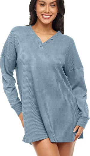 Alexander Del Rossa Women's Soft Ribbed Waffle Rib Knit Oversized Sleep Shirt, V-Neck Nightshirt Sweater Top