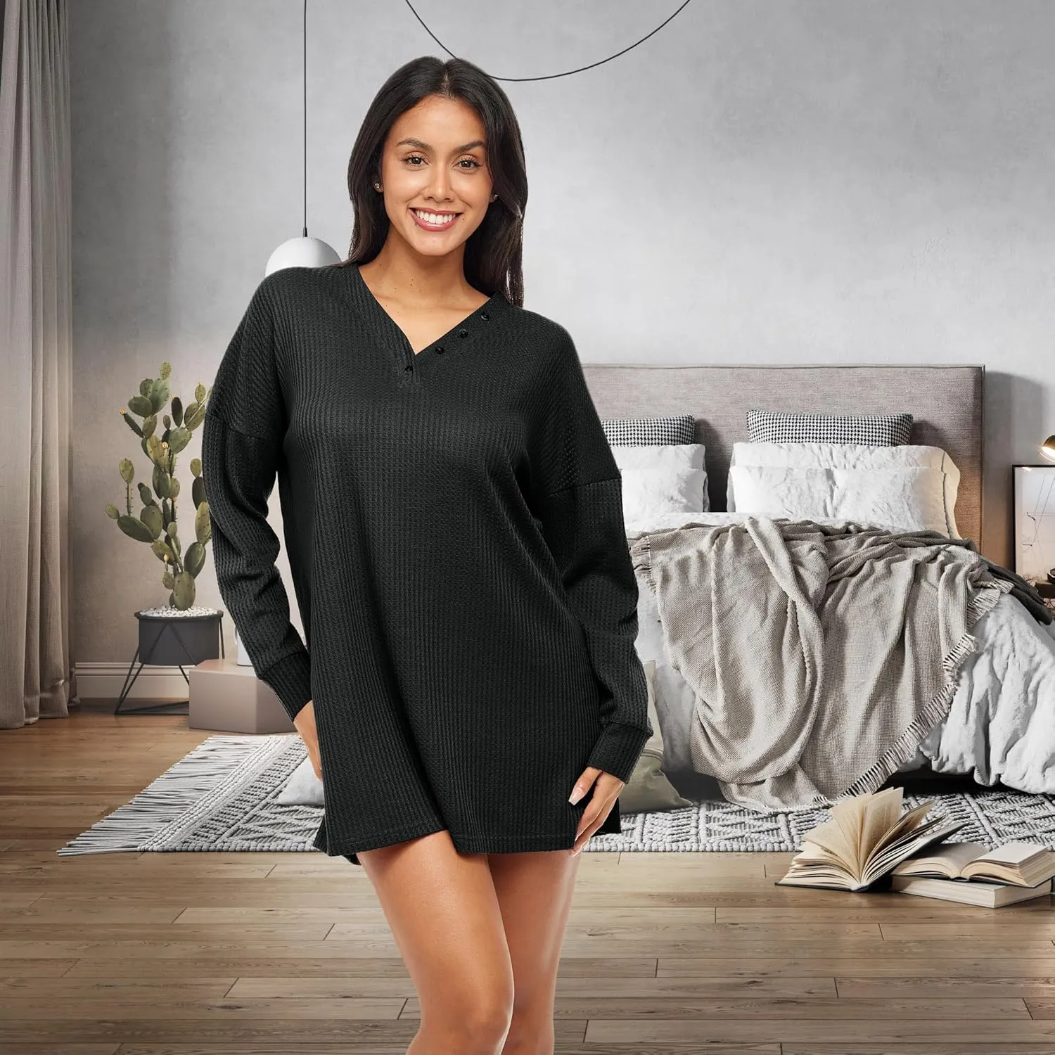 Alexander Del Rossa Women's Soft Ribbed Waffle Rib Knit Oversized Sleep Shirt, V-Neck Nightshirt Sweater Top