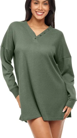 Alexander Del Rossa Women's Soft Ribbed Waffle Rib Knit Oversized Sleep Shirt, V-Neck Nightshirt Sweater Top