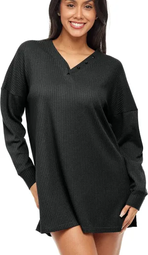 Alexander Del Rossa Women's Soft Ribbed Waffle Rib Knit Oversized Sleep Shirt, V-Neck Nightshirt Sweater Top