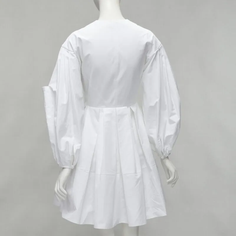 ALEXANDER MCQUEEN white cotton silver zip front puff sleeve flared dress IT36 XS