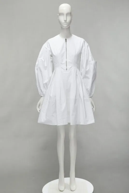 ALEXANDER MCQUEEN white cotton silver zip front puff sleeve flared dress IT36 XS