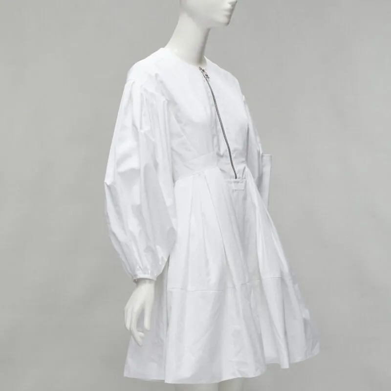 ALEXANDER MCQUEEN white cotton silver zip front puff sleeve flared dress IT36 XS