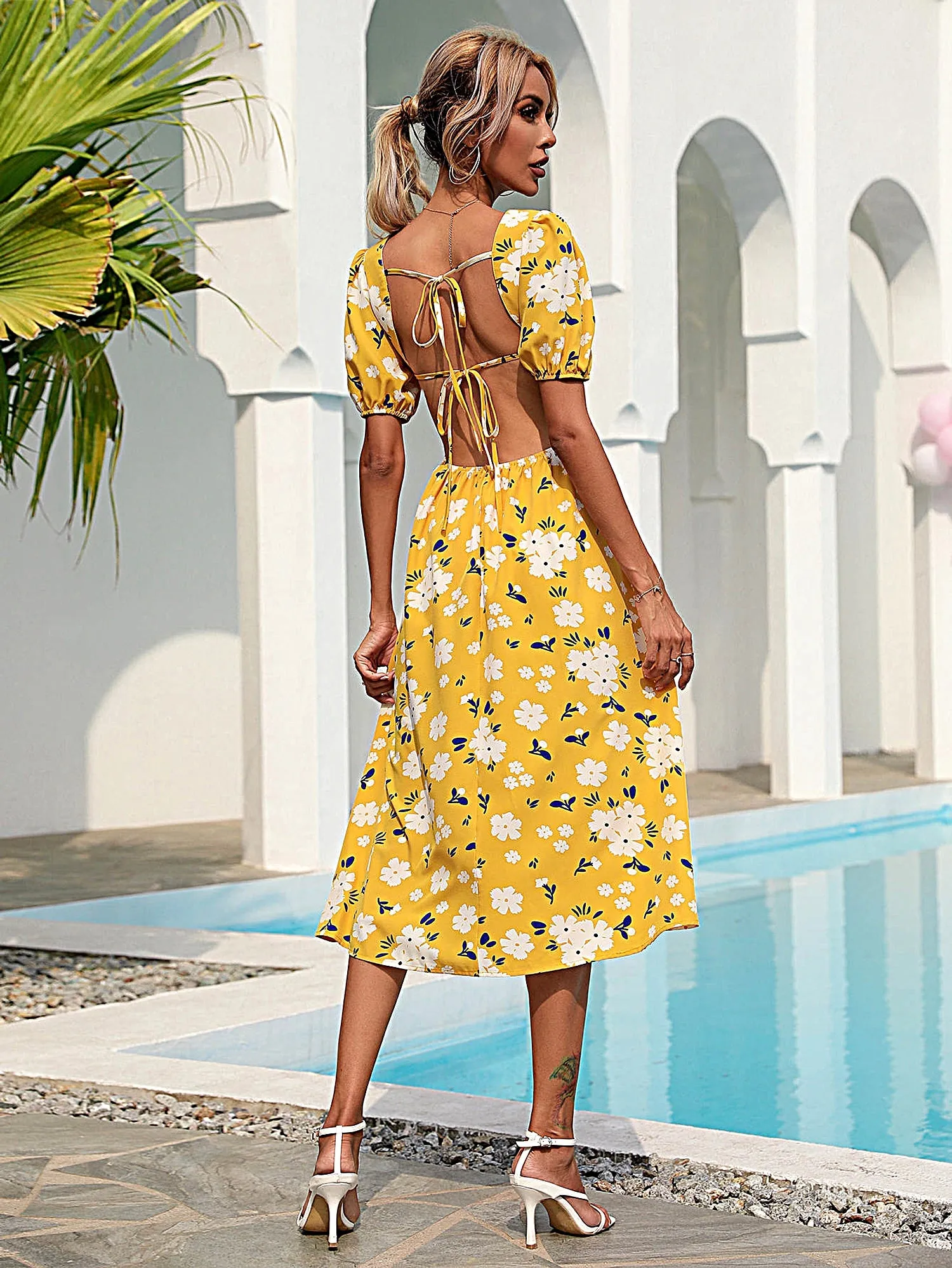 Backless Floral Midi Dress