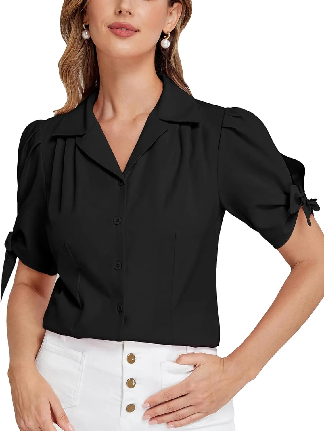 Bello Poque Women Vintage Blouse 1950s Retrt Button Up V Neck Short Bow Sleeves Blouse Shirts