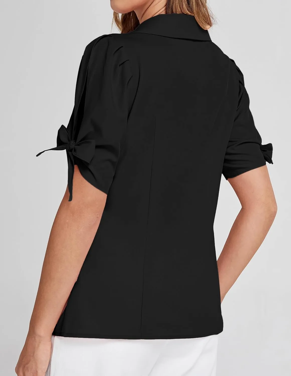 Bello Poque Women Vintage Blouse 1950s Retrt Button Up V Neck Short Bow Sleeves Blouse Shirts
