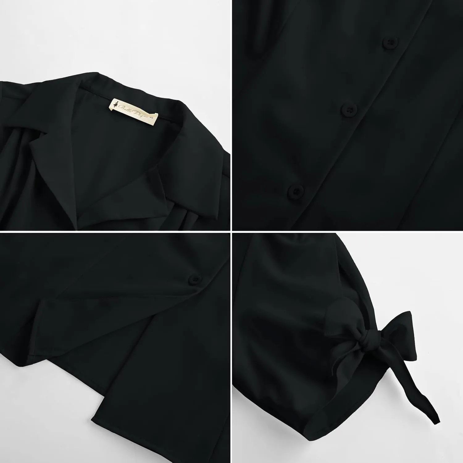 Bello Poque Women Vintage Blouse 1950s Retrt Button Up V Neck Short Bow Sleeves Blouse Shirts