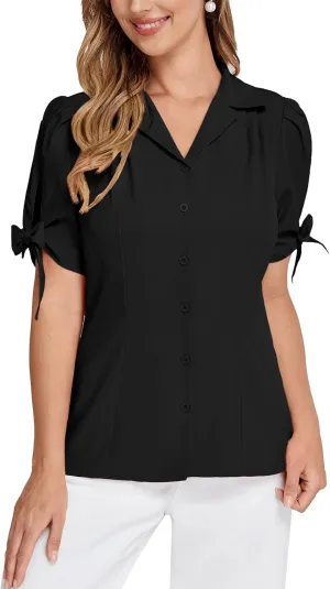 Bello Poque Women Vintage Blouse 1950s Retrt Button Up V Neck Short Bow Sleeves Blouse Shirts