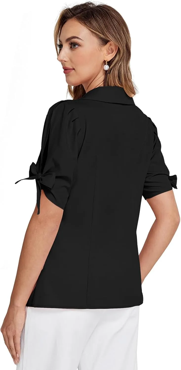 Bello Poque Women Vintage Blouse 1950s Retrt Button Up V Neck Short Bow Sleeves Blouse Shirts