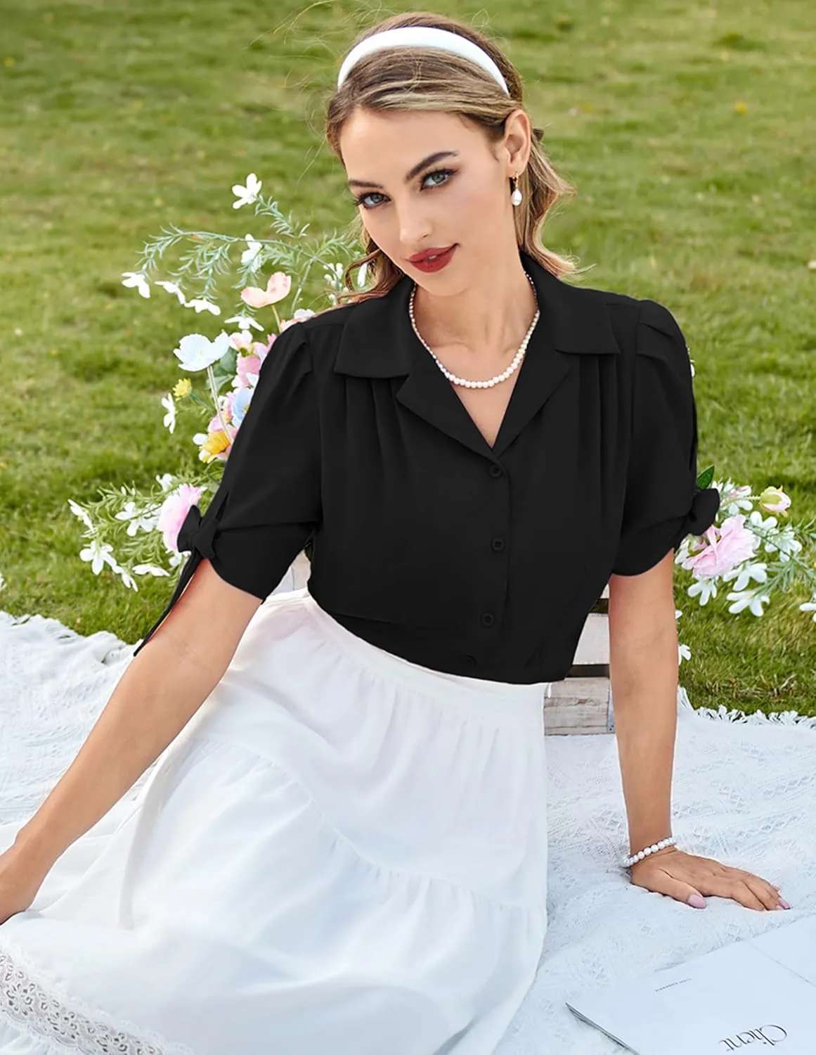 Bello Poque Women Vintage Blouse 1950s Retrt Button Up V Neck Short Bow Sleeves Blouse Shirts