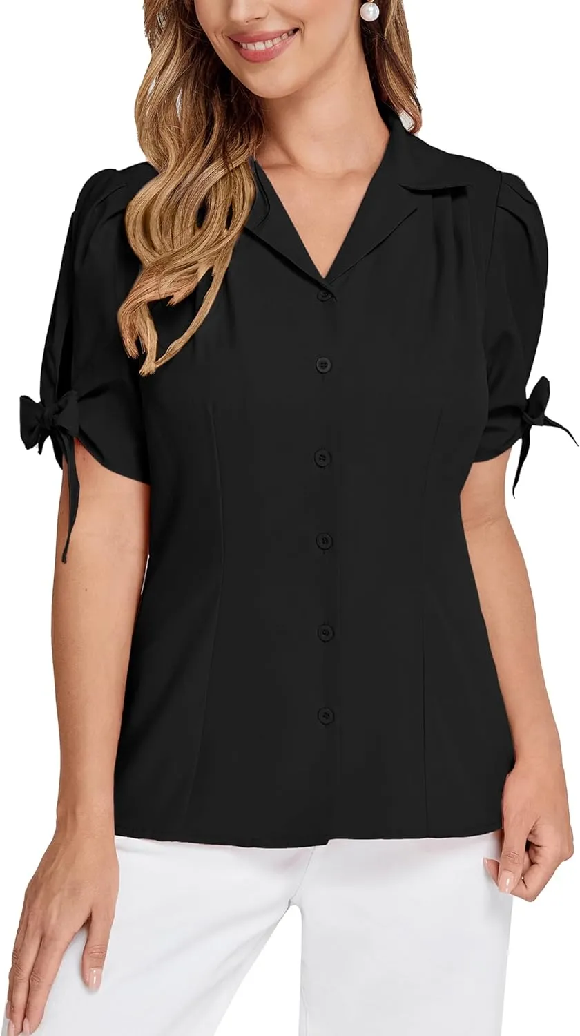 Bello Poque Women Vintage Blouse 1950s Retrt Button Up V Neck Short Bow Sleeves Blouse Shirts