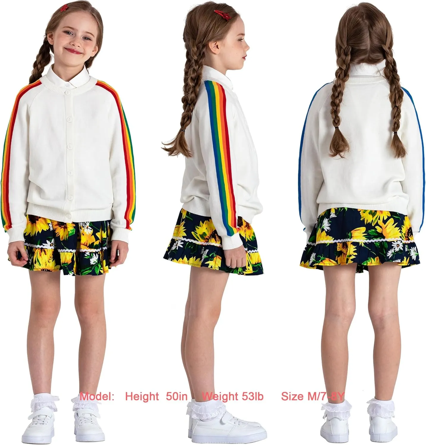 BOBOYOYO Girls Cute Cardigan 100% Cotton Rainbow Kids Cardigan Sweater Button up Striped Knit Cardigan Children for 5-12 Y