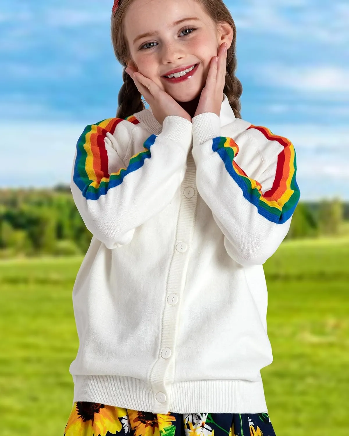 BOBOYOYO Girls Cute Cardigan 100% Cotton Rainbow Kids Cardigan Sweater Button up Striped Knit Cardigan Children for 5-12 Y