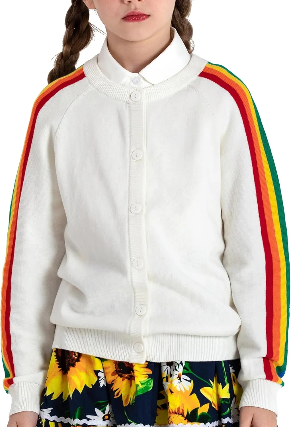 BOBOYOYO Girls Cute Cardigan 100% Cotton Rainbow Kids Cardigan Sweater Button up Striped Knit Cardigan Children for 5-12 Y