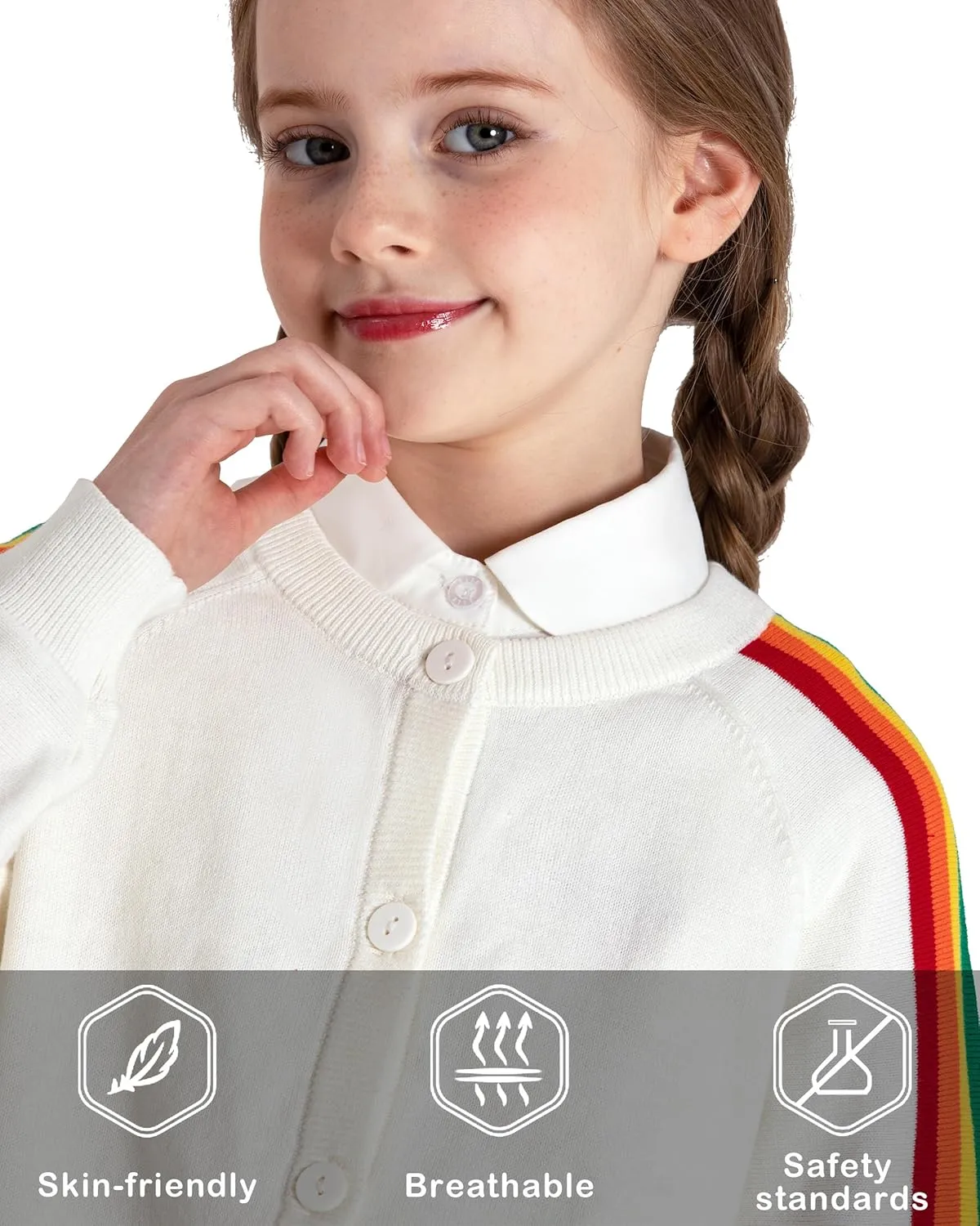 BOBOYOYO Girls Cute Cardigan 100% Cotton Rainbow Kids Cardigan Sweater Button up Striped Knit Cardigan Children for 5-12 Y