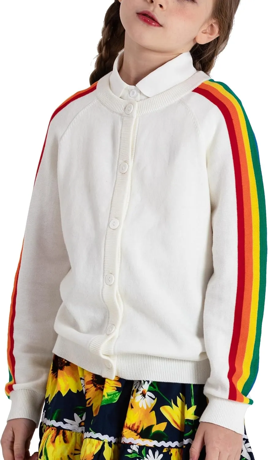 BOBOYOYO Girls Cute Cardigan 100% Cotton Rainbow Kids Cardigan Sweater Button up Striped Knit Cardigan Children for 5-12 Y