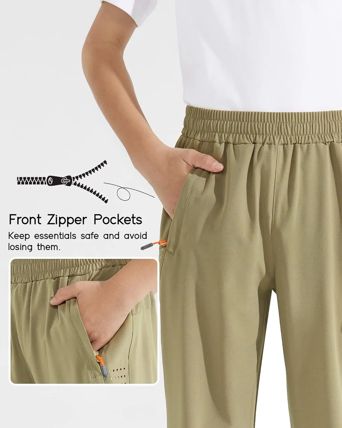 Boys Lightweight Jogger Pants Youth Kids Quick Dry Hiking Pants Active Athletic Pants with Zipper Pockets