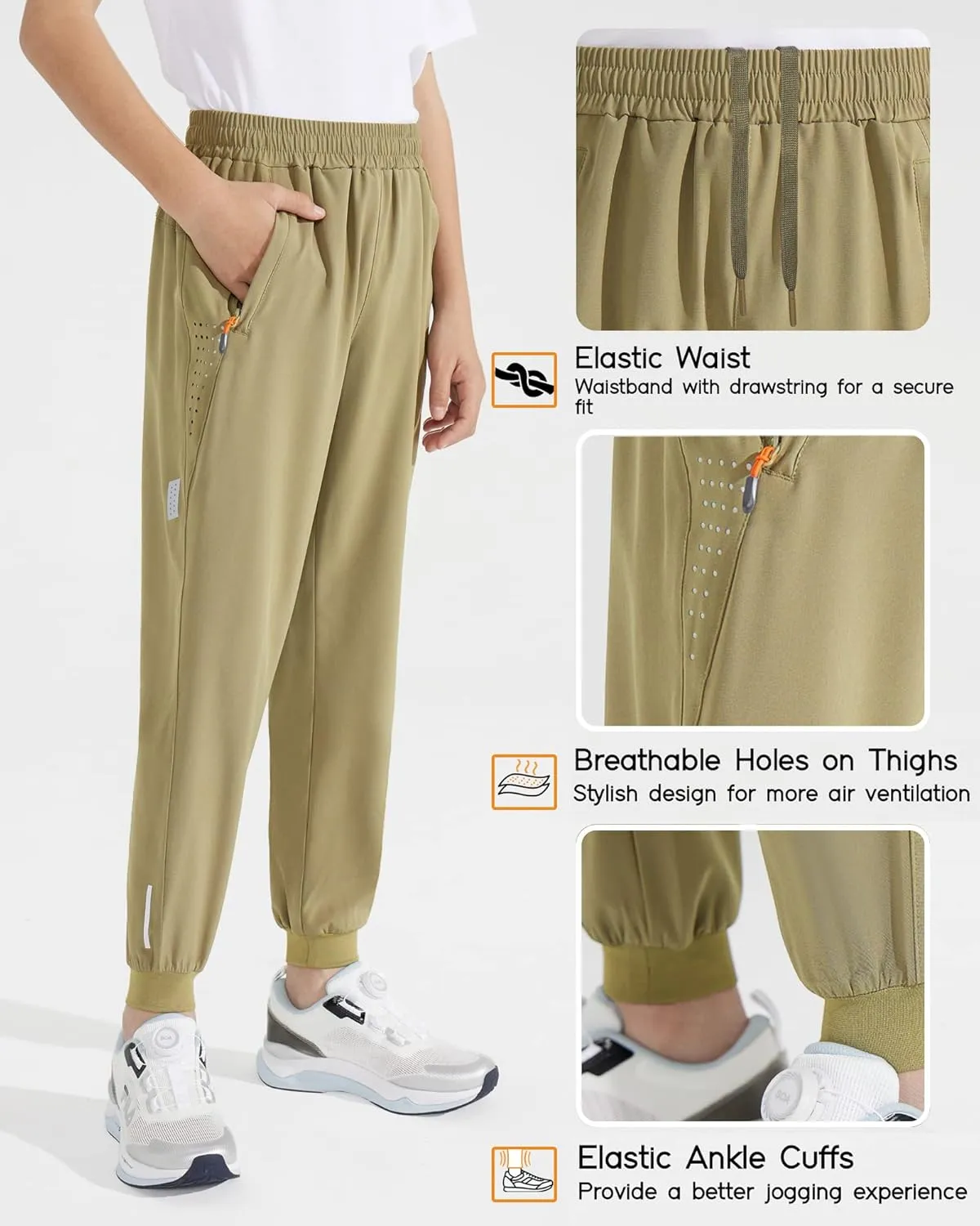 Boys Lightweight Jogger Pants Youth Kids Quick Dry Hiking Pants Active Athletic Pants with Zipper Pockets