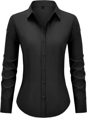 Button Down Shirts for Women Long Sleeve Dress Shirts Slim Fit Wrinkle Free Collared Blouse Work Office Blouse Tops