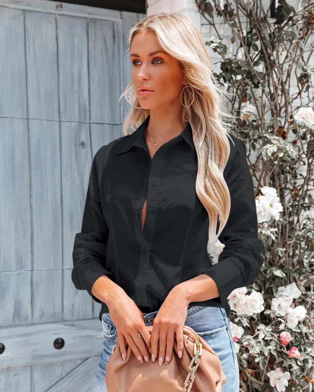 Button Down Shirts for Women Long Sleeve Dress Shirts Slim Fit Wrinkle Free Collared Blouse Work Office Blouse Tops