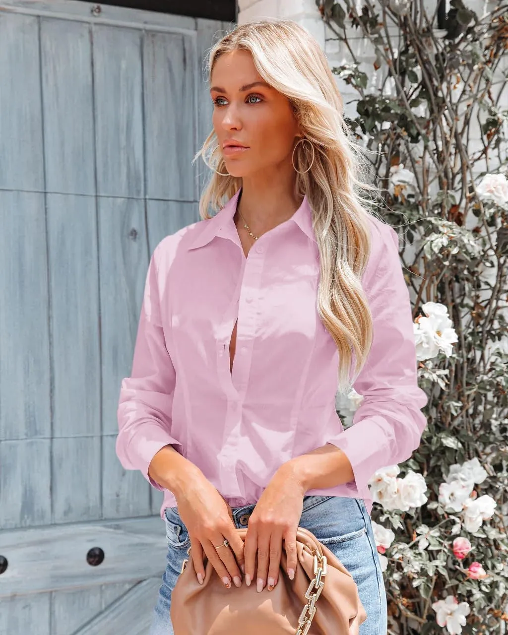 Button Down Shirts for Women Long Sleeve Dress Shirts Slim Fit Wrinkle Free Collared Blouse Work Office Blouse Tops