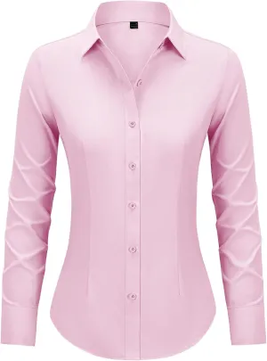 Button Down Shirts for Women Long Sleeve Dress Shirts Slim Fit Wrinkle Free Collared Blouse Work Office Blouse Tops