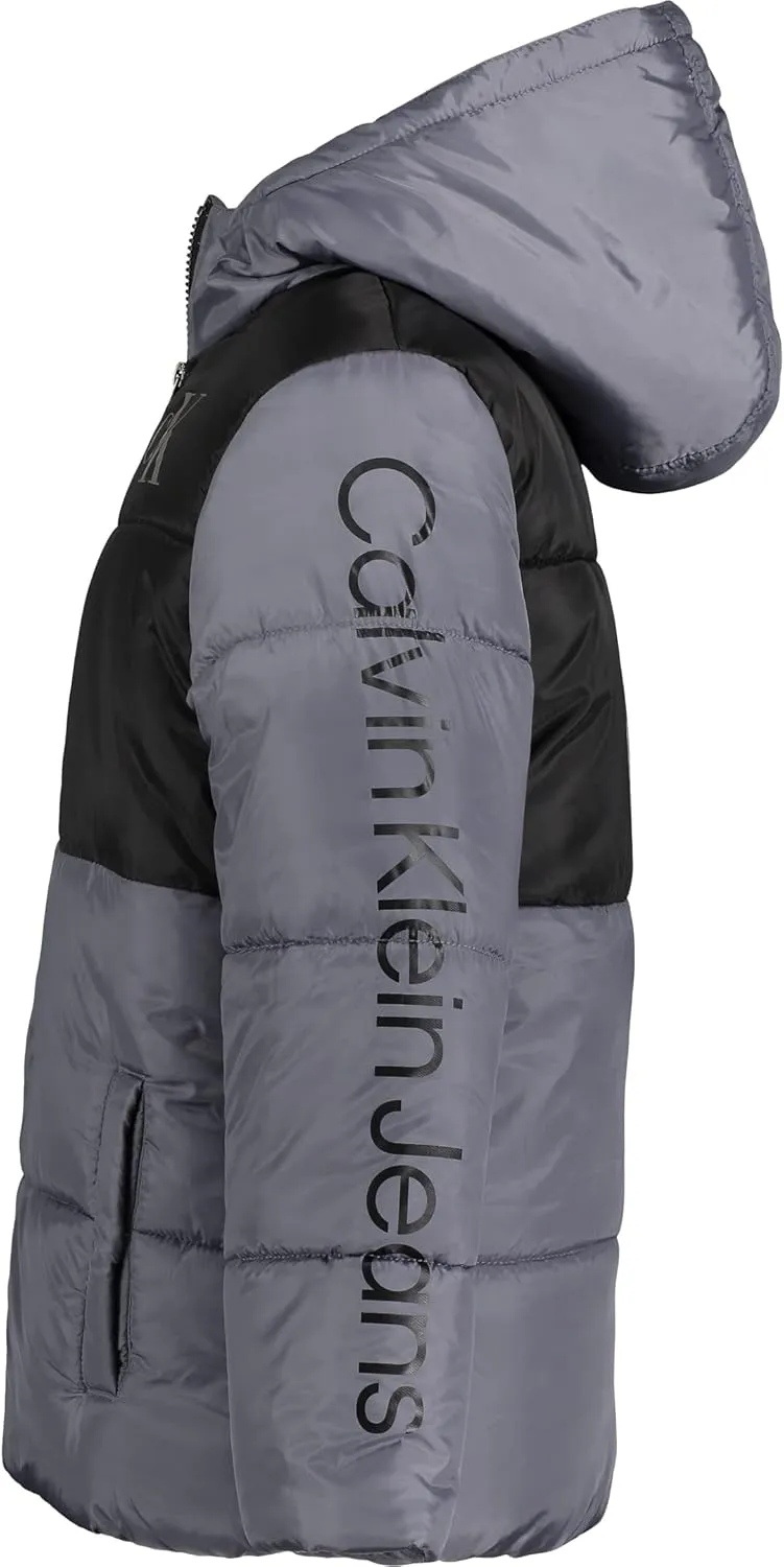 Calvin Klein Boys' Heavy Weight Hooded Bubble Jacket with Polar Fleece Lining