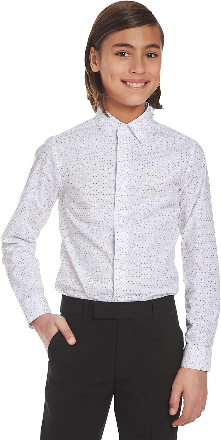 Calvin Klein Boy's Long Sleeve Patterned Dress Shirt, Button-down Style With Cuffs & Shirttail Hem