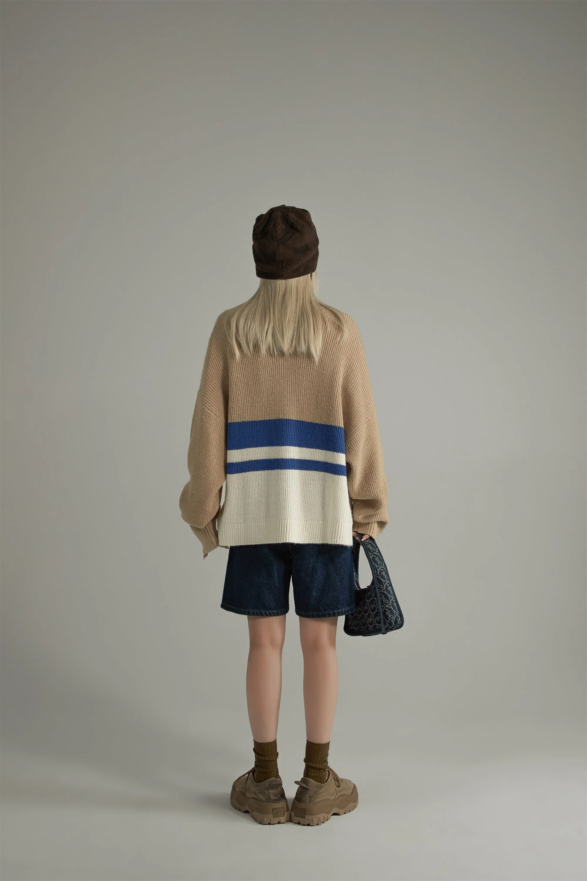 Contrast Stripes Knit Button Cardigan