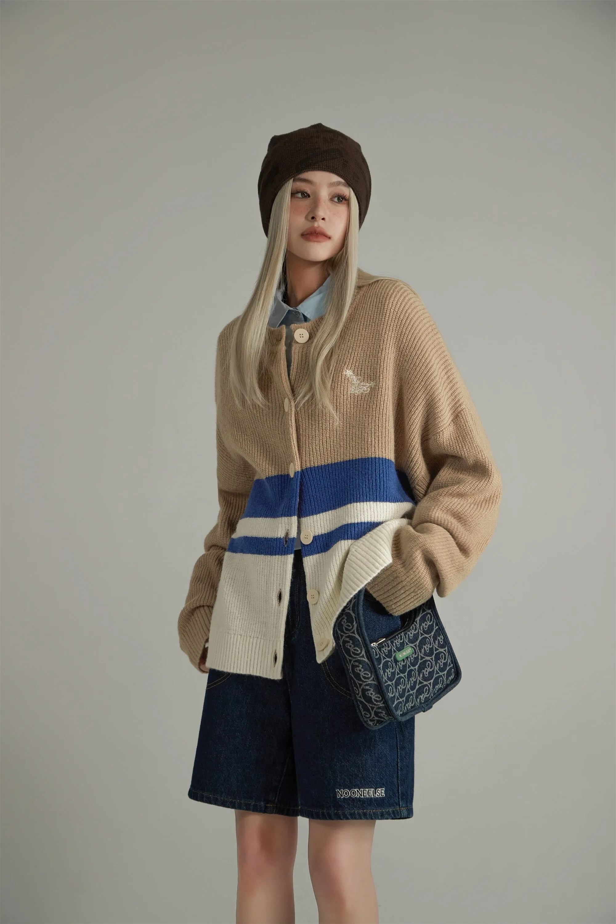 Contrast Stripes Knit Button Cardigan