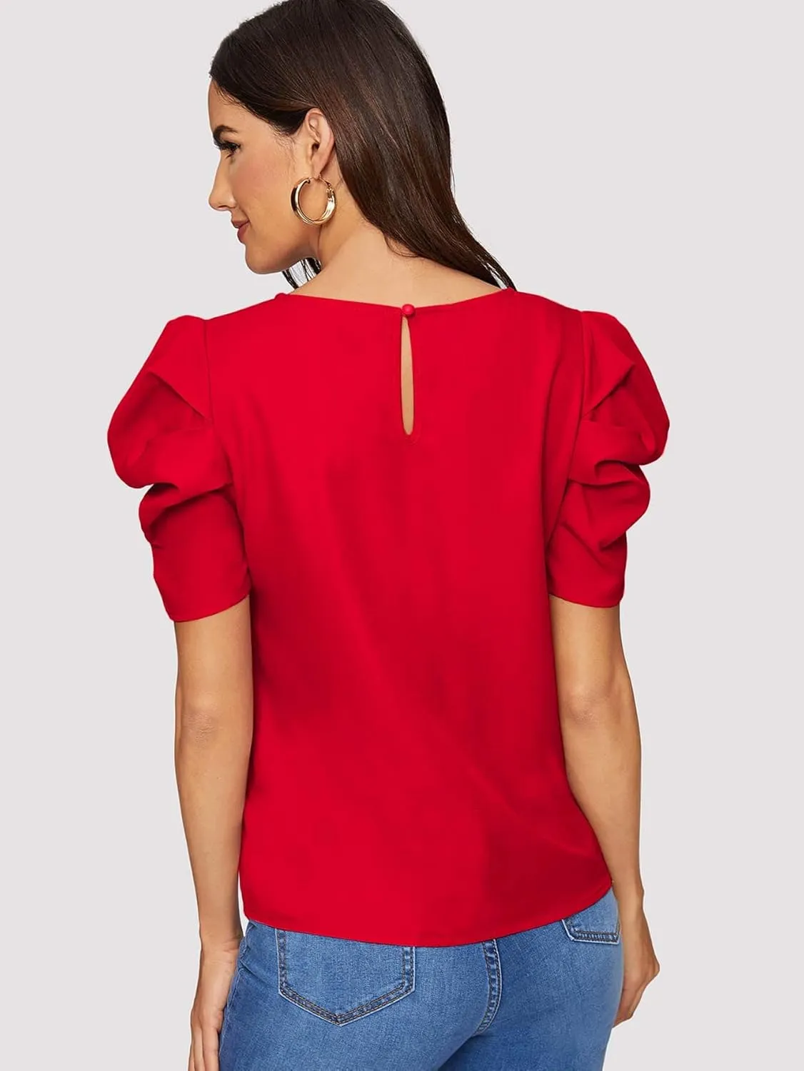 Floerns Women's Round Neck Short Puff Sleeve Keyhole Back Blouse Tops