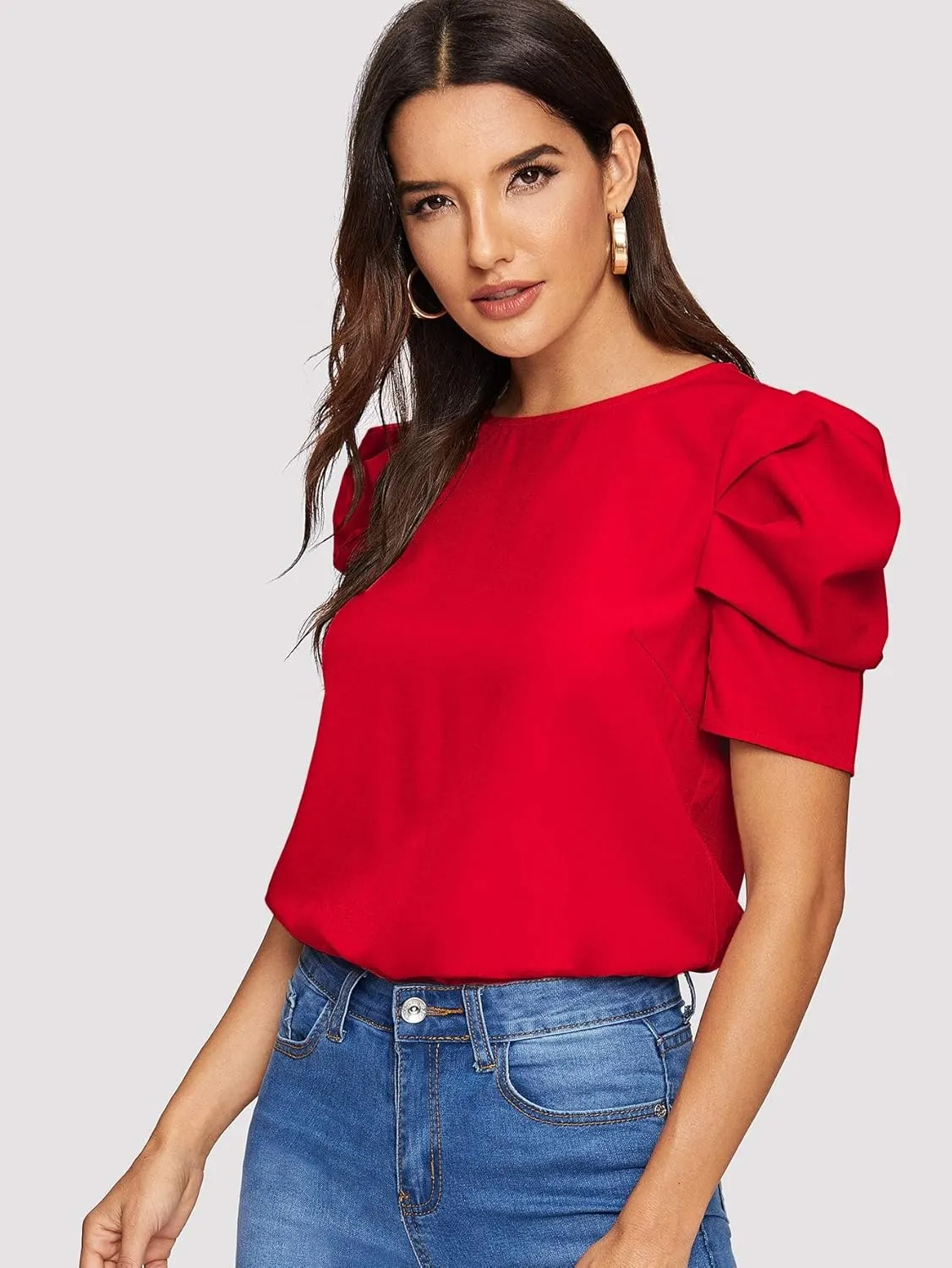 Floerns Women's Round Neck Short Puff Sleeve Keyhole Back Blouse Tops