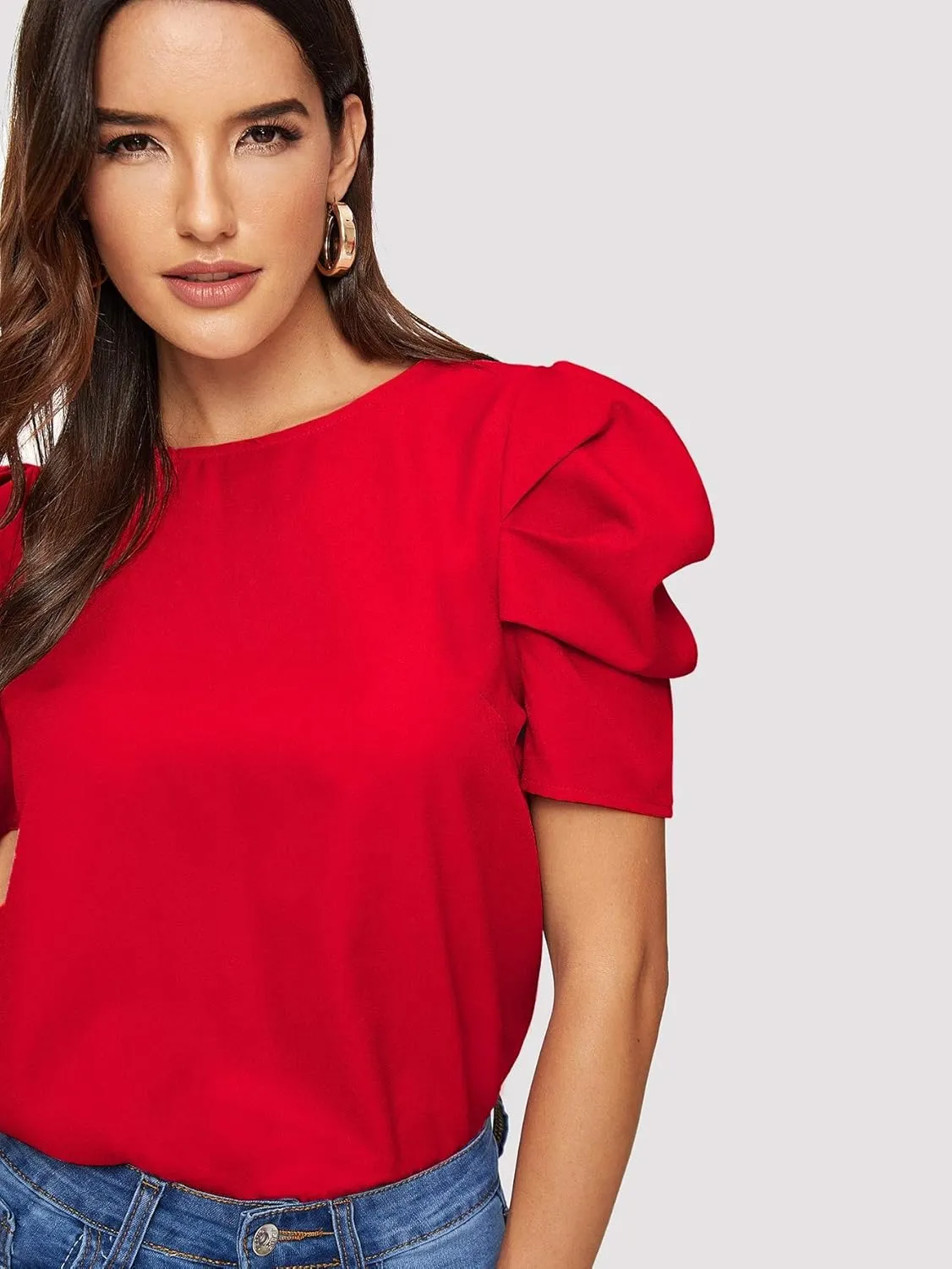 Floerns Women's Round Neck Short Puff Sleeve Keyhole Back Blouse Tops