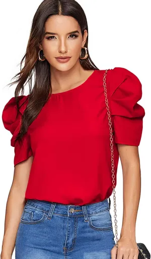 Floerns Women's Round Neck Short Puff Sleeve Keyhole Back Blouse Tops