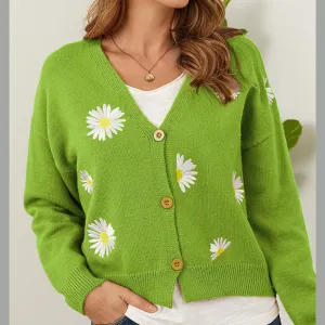 Flower Button Front Dropped Shoulder Cardigan